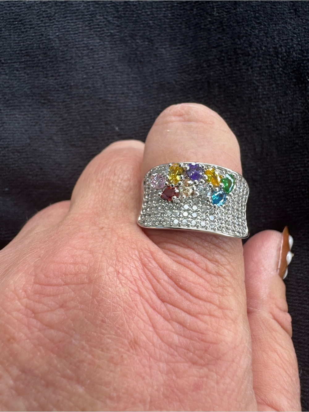 Multicolor Gemstone Pavé Silvertone Statement Ring Size 11 3/4